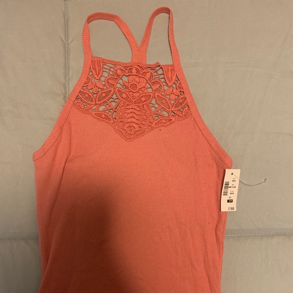 Cute Coral Tank Top With Floral Decor on Neck